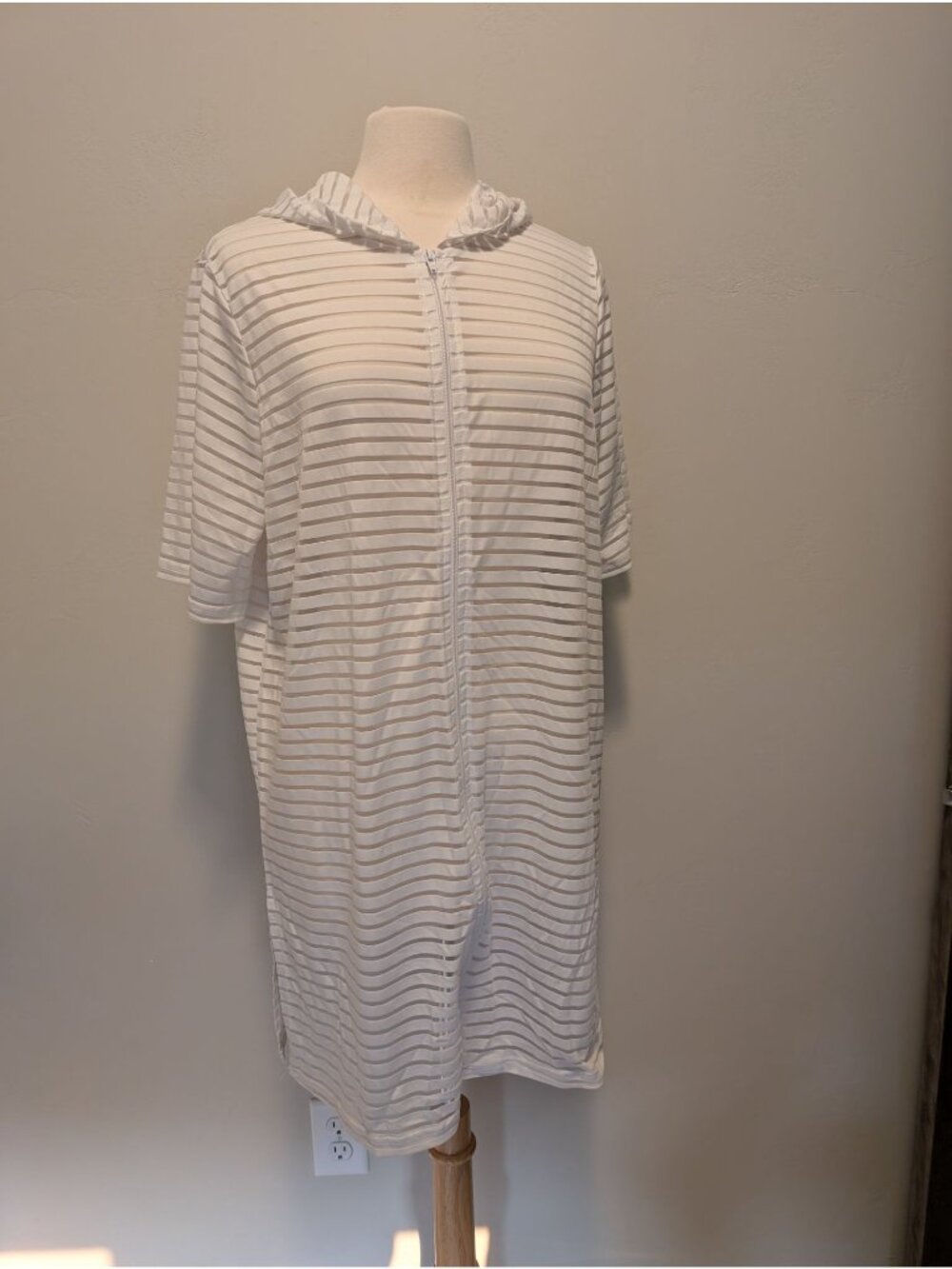 Always For Me Womens Striped White Hooded Cover-Up Jacket With Zipper Closure 1X